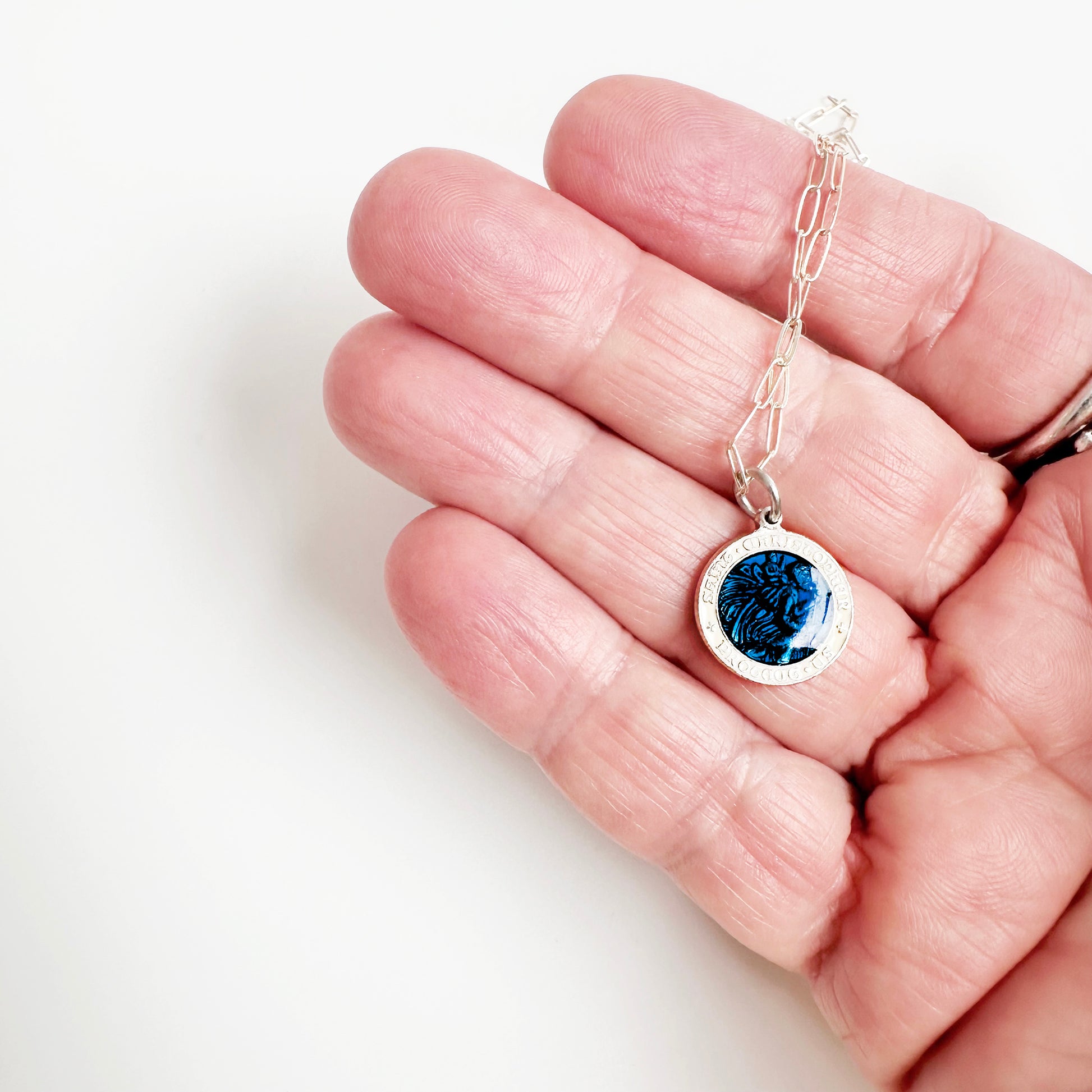 Rare Vintage St. Christopher Protection Medal Necklace in Sterling Silver and Blue Enamel