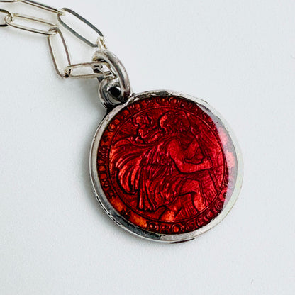 Rare Vintage St. Christopher Protection Medal Necklace in Sterling Silver and Red Enamel