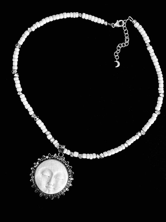 Vintage Sunface Pendant Necklace in sterling silver and bone