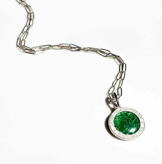 Rare Vintage St. Christopher Protection Medal Necklace in Sterling Silver and Green Enamel