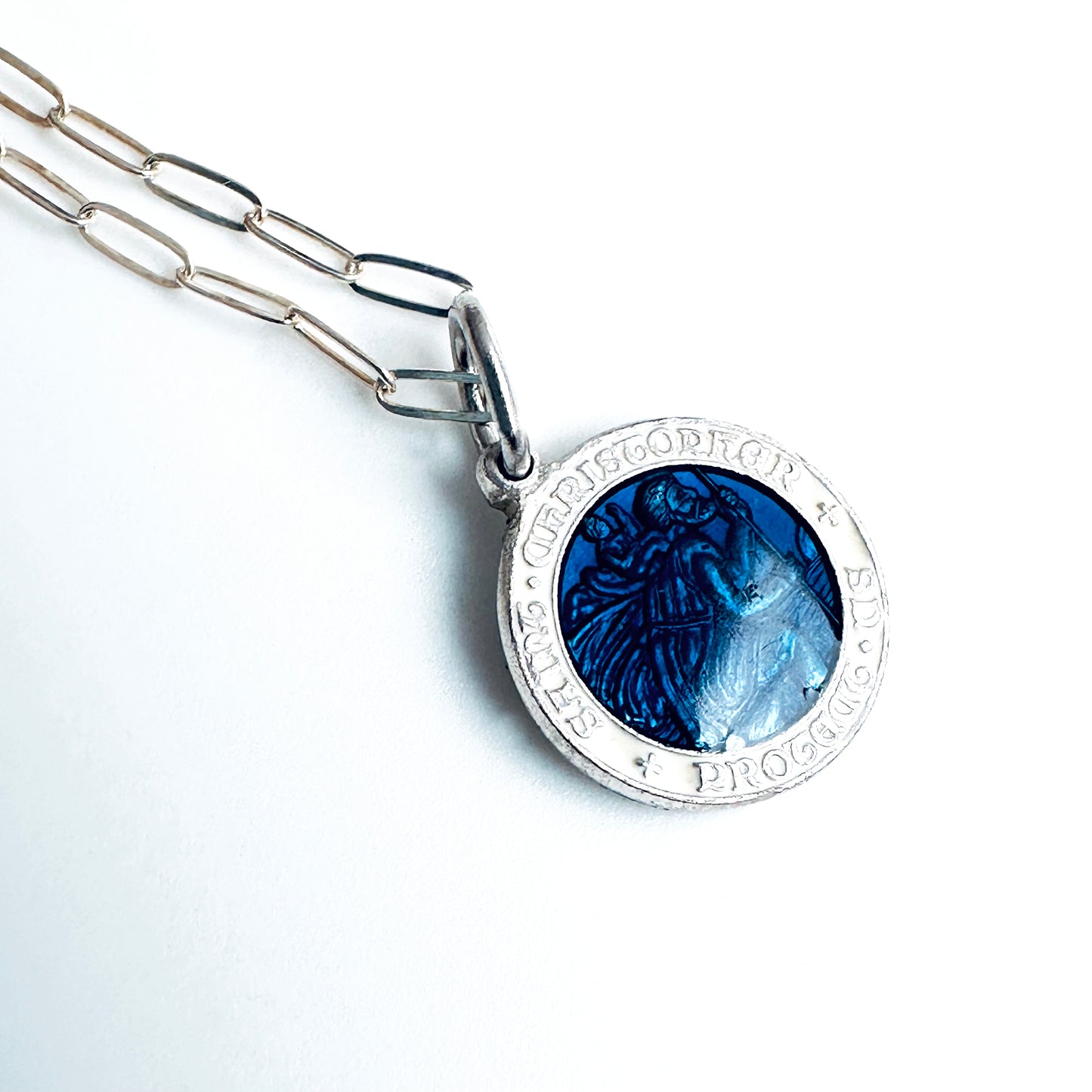 Rare Vintage St. Christopher Protection Medal Necklace in Sterling Silver and Blue Enamel