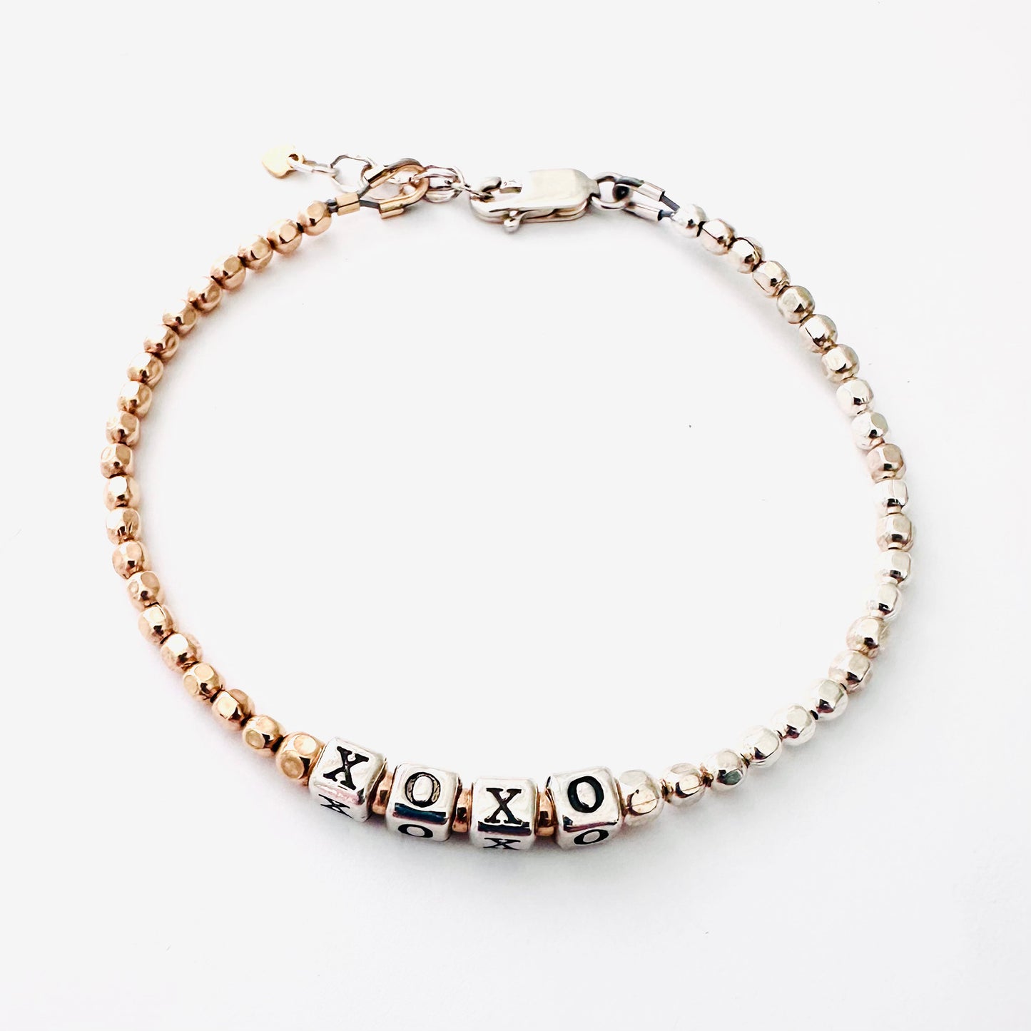 XOXO love and friendship bracelet in sterling silver and 14k gold filled beads