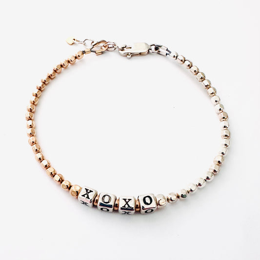 XOXO love and friendship bracelet in sterling silver and 14k gold filled beads