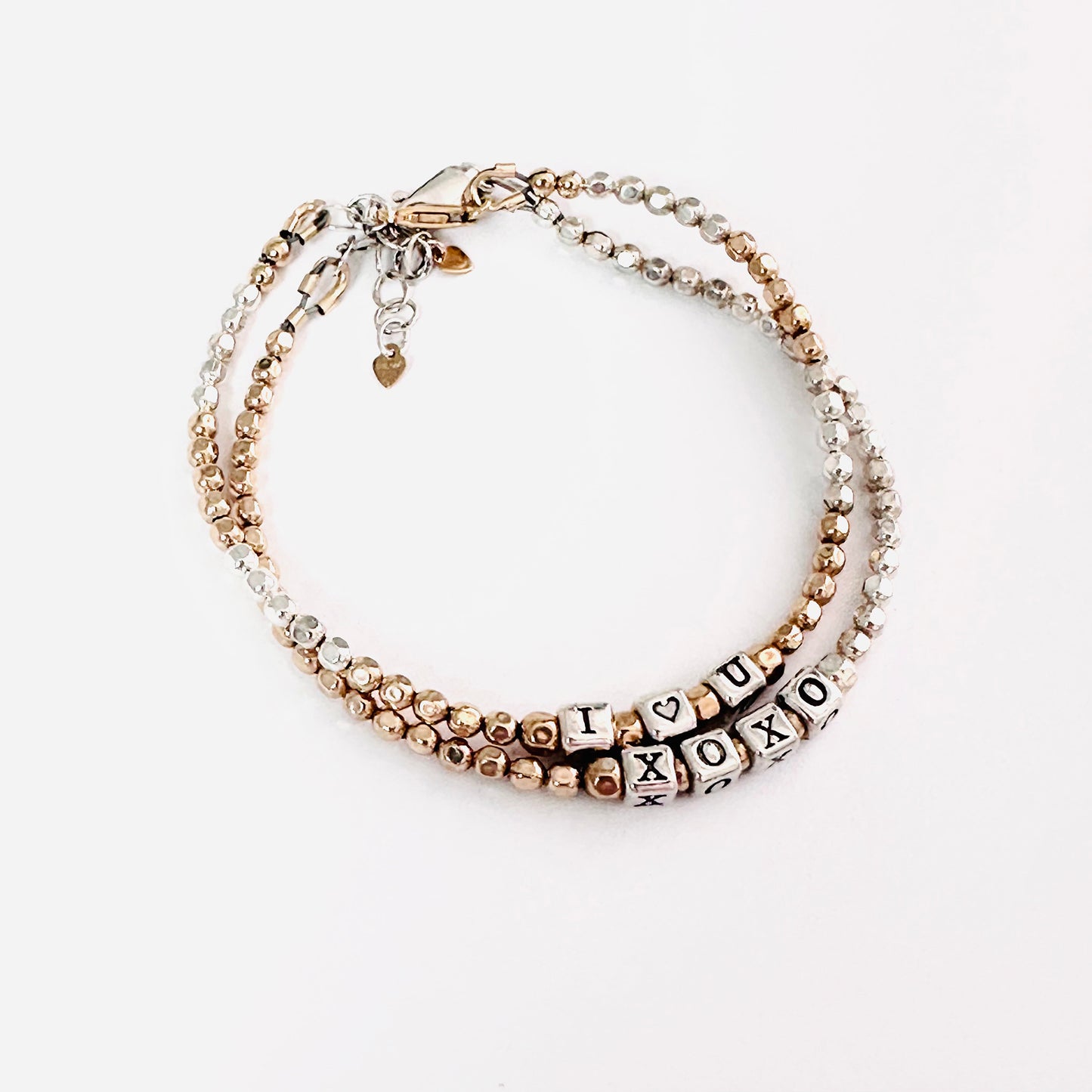 Valentine's Day love and friendship bracelet in sterling silver and 14k gold filled beads