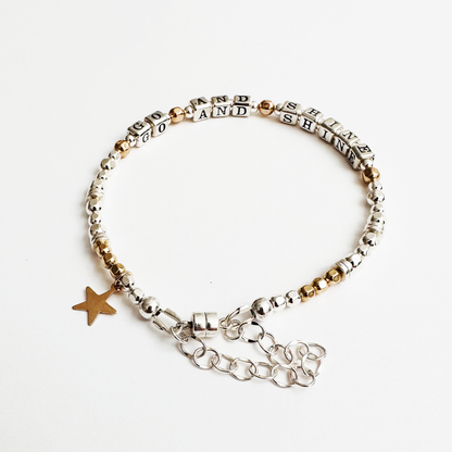 Go and Shine Good Luck, Graduation, New Job Bracelet in sterling silver and gold, featuring a magnetic closure and gold star
