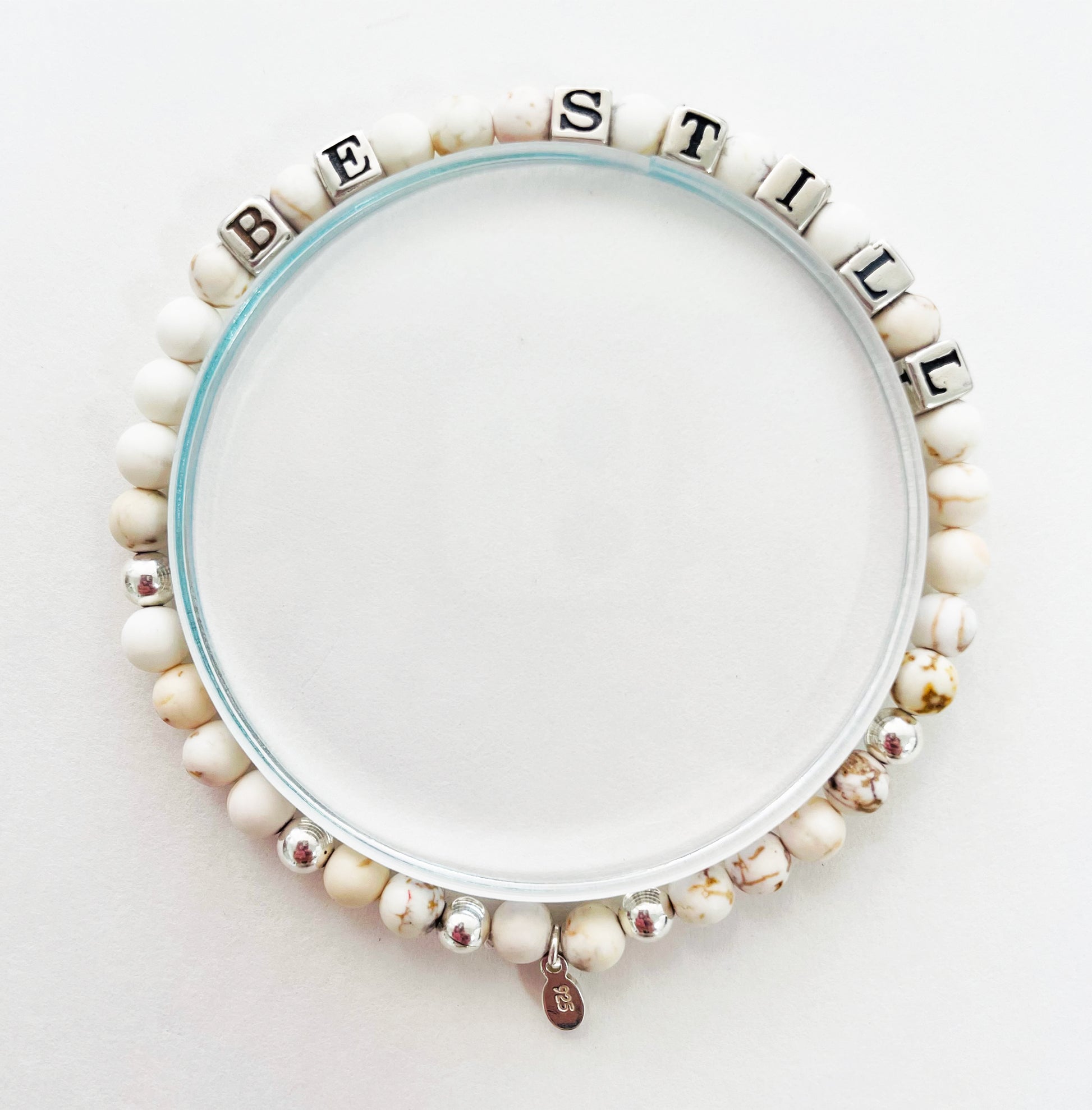 Be Still message bracelet in sterling silver and white hoplite beads, pairs with Peace bracelet well. Handmade high quality message bracelet