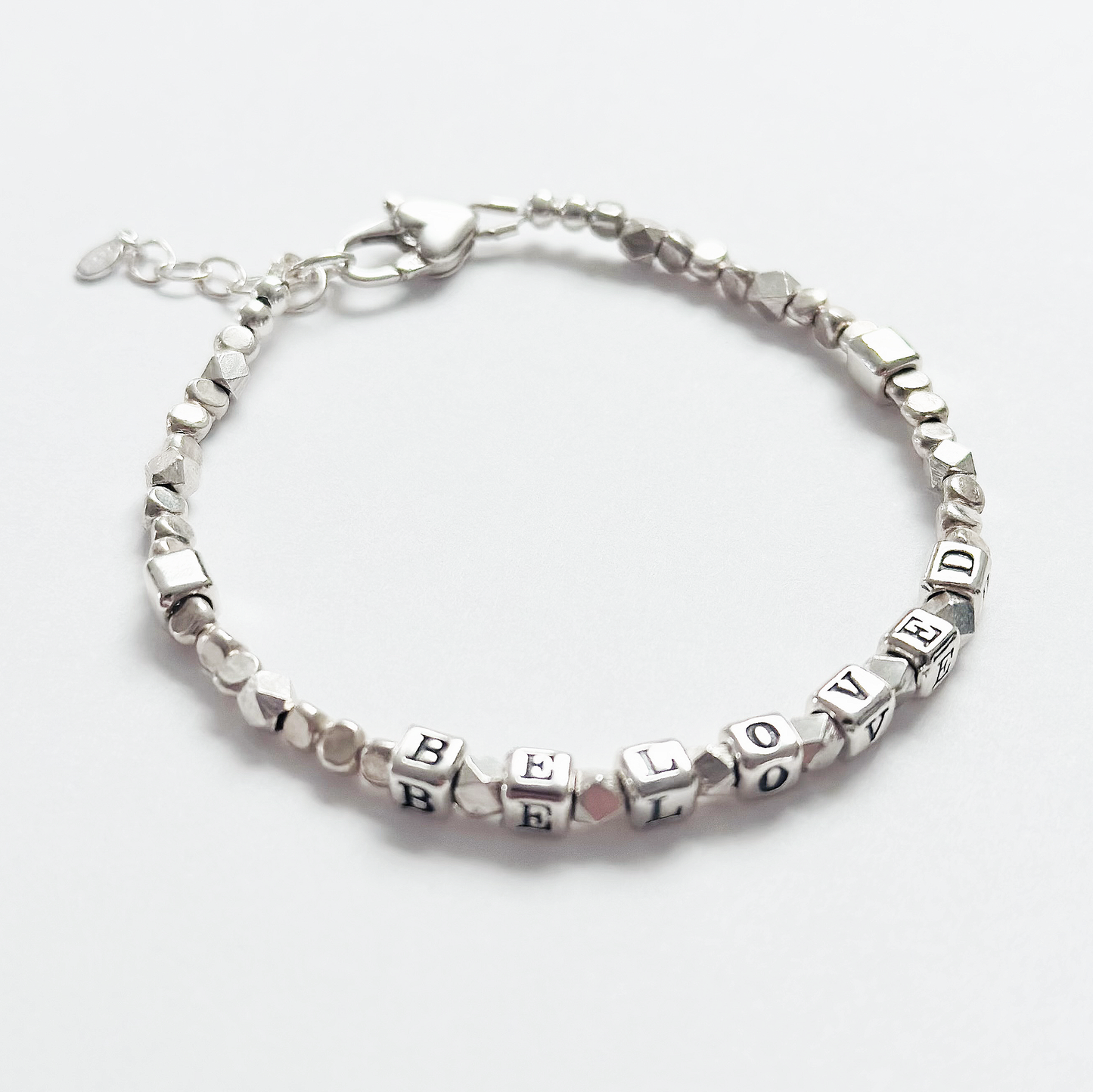 Beloved Engraved Love Bracelet in all sterling silver and a heart clasp